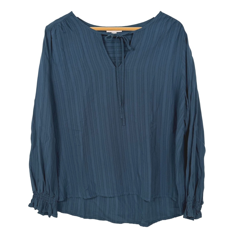Knox Rose Blouse Womens XL Blue Boho Tie Neck Smocked Cuff Textured Rayon Top